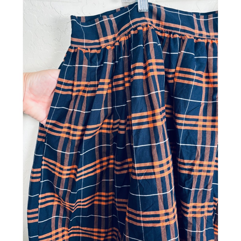 Unique Vintage Navy Orange Plaid Cotton Swing Skirt Pockets 5X 2154 - Picture 3 of 7
